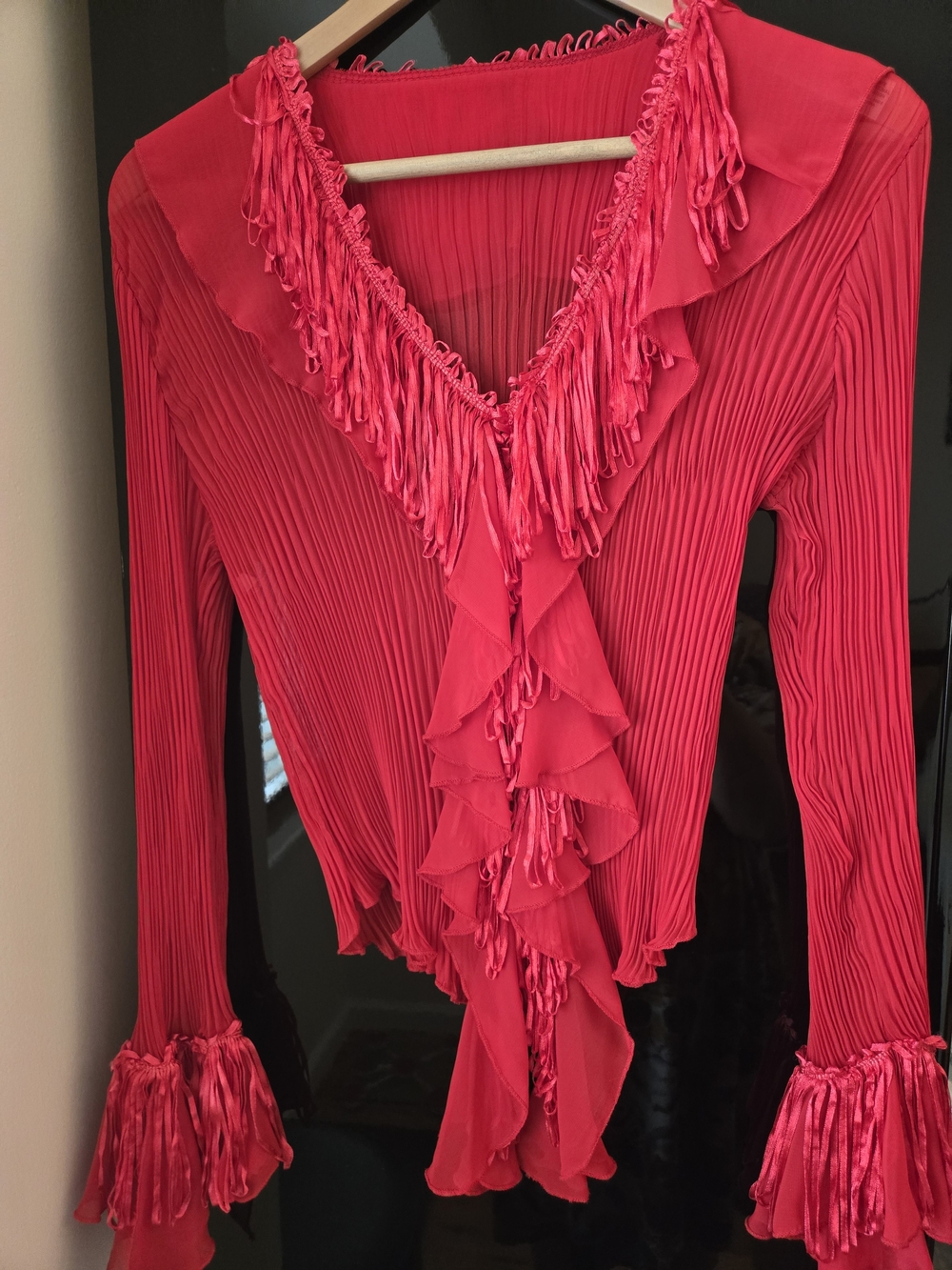 Red Ruffle-Trim V-Neck Blouse - Picture 11 of 11